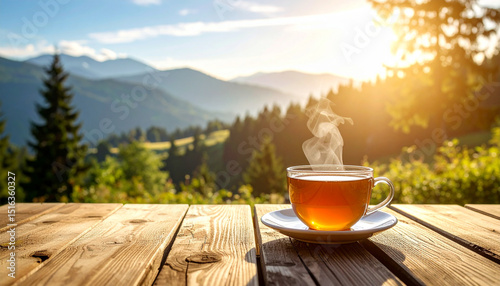 Hot morning tea in a white mug on a wooden table on the terrace