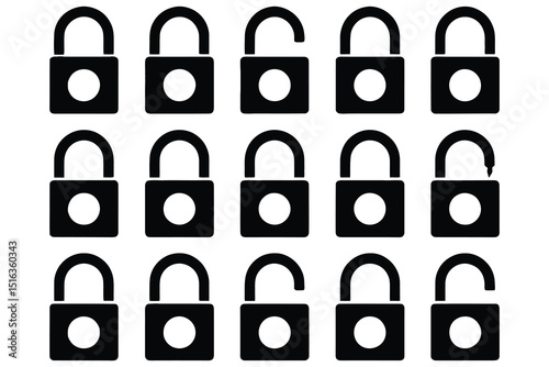 Fifteen padlock icons open and closed security symbols