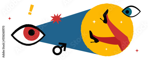 A conceptual illustration depicting a male gaze. A large eye directed at a circle with a woman's feet in high heels. A symbol of objectification and the passive female role in cinema.