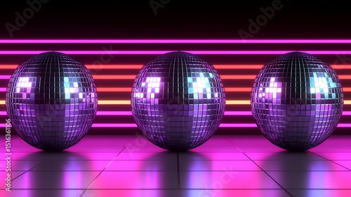 Three reflective disco balls sitting in a colorful lighted space
