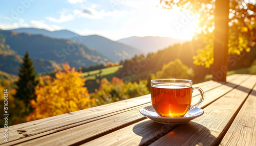 Hot morning tea in a white mug on a terrace table