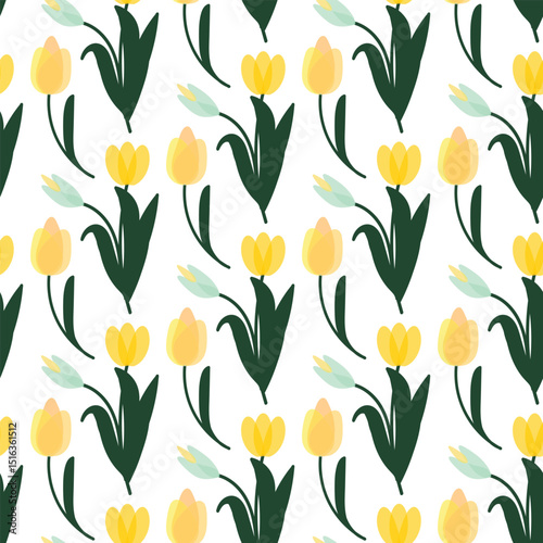 Seamless Vector Tulip Pattern with Yellow Blooms and Green Leaves, Flat Floral Repeat on White Background, Modern Botanical Design for Spring Fabric, Wrapping, Stationery