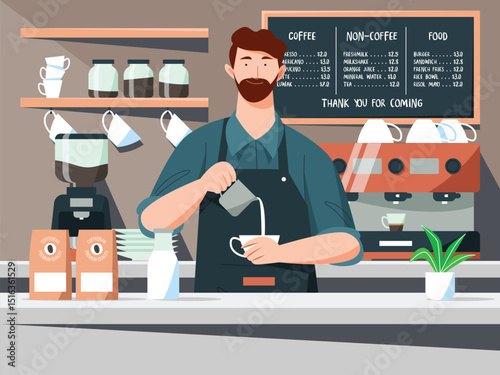 barista pouring coffee at the cafe vector illustration