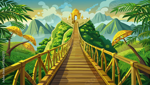 Famous tourist attraction among the tropical jungle in the forests - empty Golden bridge at the top of the Ba Na Hills, Vietnam 