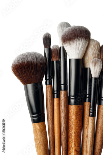 A collection of makeup brushes in different sizes and shapes on a black background.