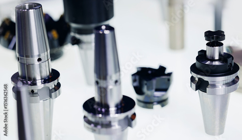 Precision cnc machined metal parts displayed on white surface