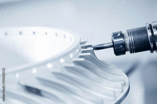 Precision cnc milling machine cutting metal turbine wheel close-up photo