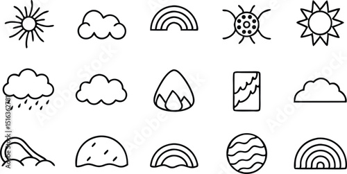 Collection of Weather Icons Sun, Rain, Clouds, and Rainbows