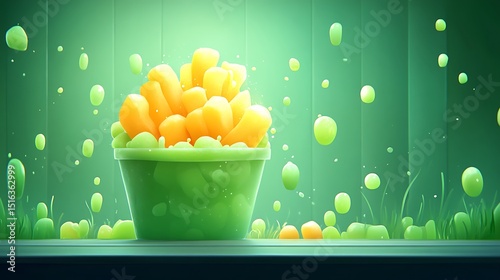 A vibrant green and yellow abstract illustration of food and water