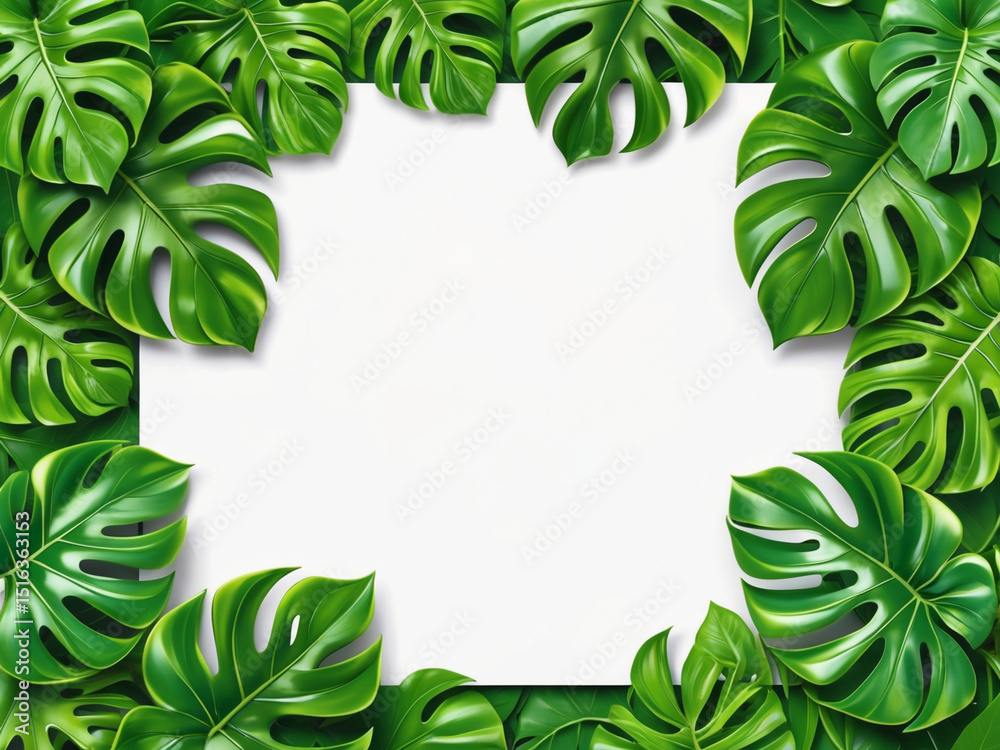 Naklejka premium A lush border of vibrant green monstera leaves framing a pristine white space, ideal for text, images, or tropical-themed designs.