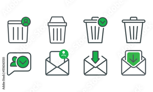 Waste Bin & Message Icons, Outline with Green Accents, vector illustration
