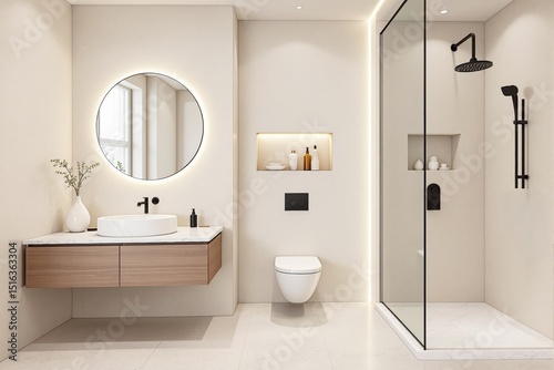 Elegant minimalist bathroom interior with a round mirror, floating wood vanity, and walk-in glass shower on a light neutral background. Concept of luxury. Ai generative
