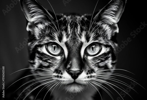 Striking black & white cat face, sharp features, intense stare,  clean,  profile photo