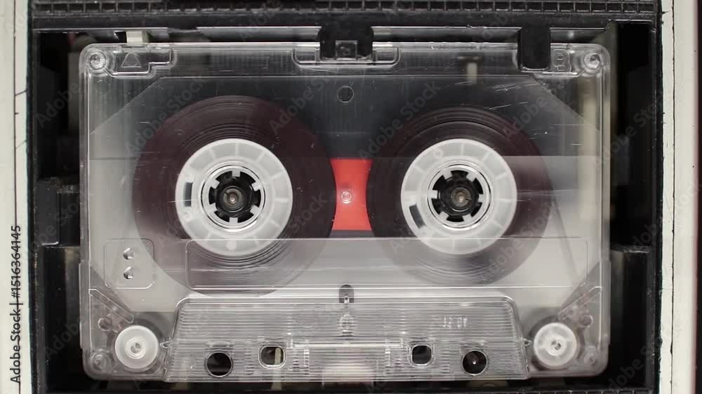 Vintage audio cassette tape playing in a retro tape recorder. Close-up of spools turning in a transparent cassette, which stops at the end. Nostalgic 80s and 90s technology.

