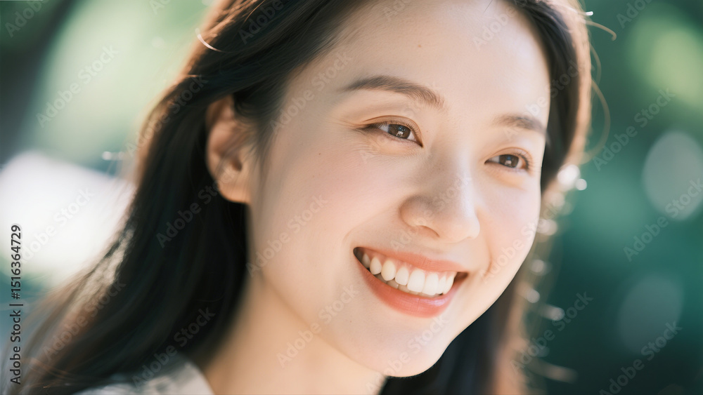 Fototapeta premium Close-up portrait of a woman smiling joyfully in natural light