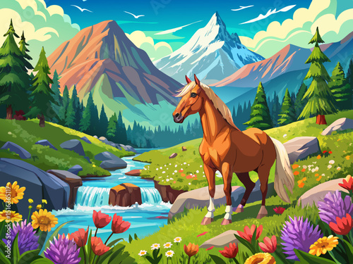 vector of A majestic horse stands by a stream in a lush mountain meadow surrounded by vibrant flowers.