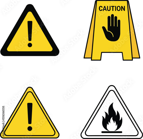 Flat vector icon set of safety symbols ? warning triangle, caution sign, hazard icon, flammable sign ? editable, minimal lines.eps