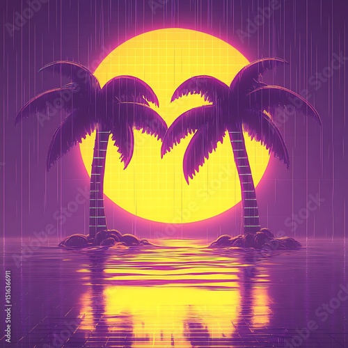 Two palm trees reflected in water under a setting sun