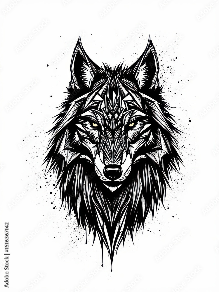 Obraz premium Black and White Wolf Head Illustration with Yellow Eyes and Artistic Ink Splatter Design