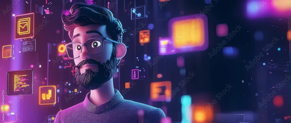 Anamorphic video 3D animated man in a confident pose with floating elements tech background
