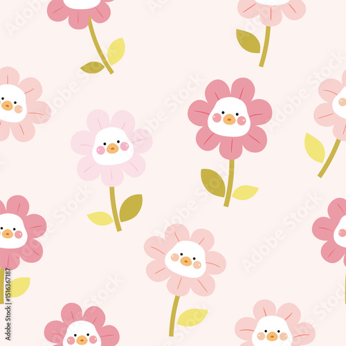 duck heads on blooming flowers and leaves seamless pattern , vector , illustration