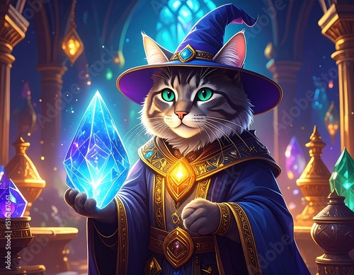Cat wizard holding a glowing gem