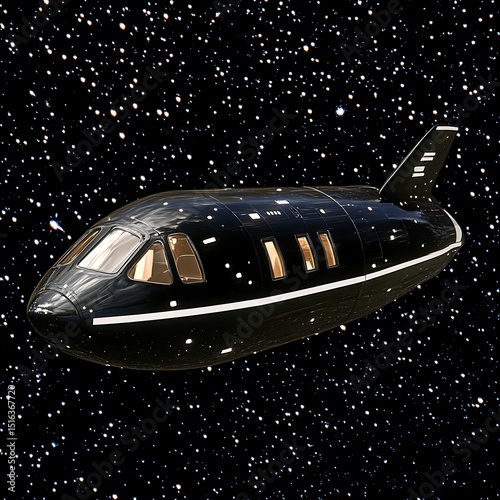 A modern spacecraft travels through a field of bright stars