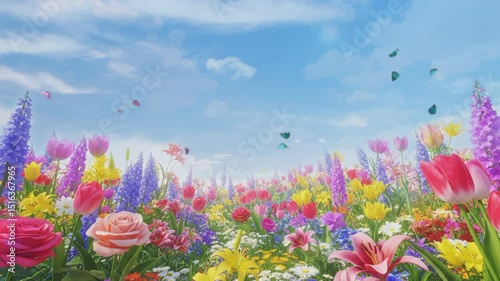 field of flowers with sky background 