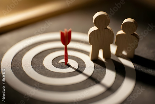 Two wooden human figures stand beside a bullseye target with a red dart hitting the center, symbolizing goal achievement and focus.