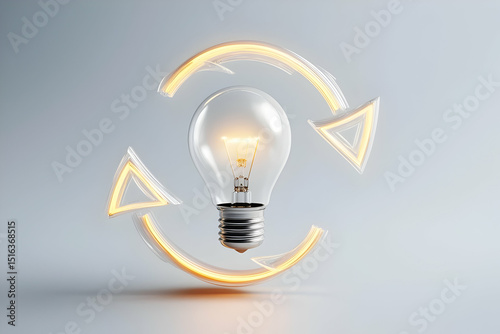 A glowing light bulb surrounded by two circular arrows symbolizes innovation, creativity, and sustainable ideas.