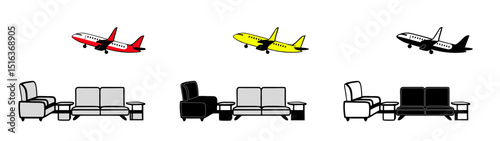 Airport lounge illustration with seating and airplanes for travel and vacation concept, vibrant colors and monochrome designs