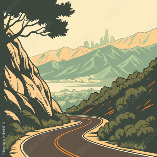 A scenic mountain road winds through a green summer landscape under a vast sky, offering a perfect view for travel vector illustration