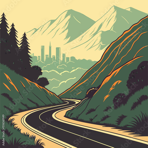 A scenic mountain road winds through a green summer landscape under a vast sky, offering a perfect view for travel vector illustration