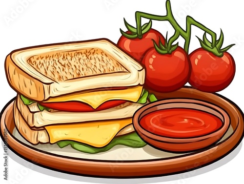 A delicious looking sandwich alongside tomatoes and a dipping sauce