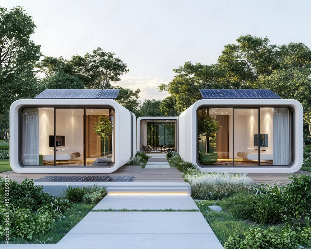 Fototapeta premium Modular, ecofriendly EarthTech housing units equipped with solar roofs and smart home technology