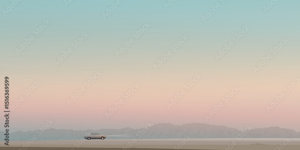 Obraz premium Minimalist countryside landscape at sunset have car on local road through the field and mountain ranges graphic illustrated.