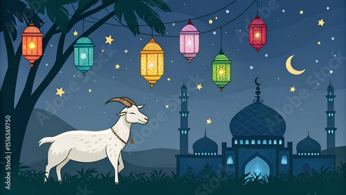 Eid ul adha mubarak theme a goat is standing with a lot of islamic lantern lights in different colours around it behind beautiful view of mosque view and dark night with stars , Generative AI