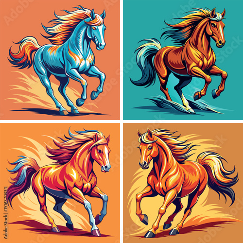Vibrant running horses vector set, colorful stallion illustrations, dynamic animal artwork, modern equine design