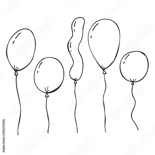Vector hand drawn set of five balloons of different shapes and sizes, suitable for holiday decoration