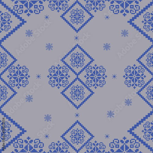 Pixel seamless knitted pattern with snowflakes,blue and gray.Design style that draws inspiration from digital graphics, 8-bit video games, and computer art.