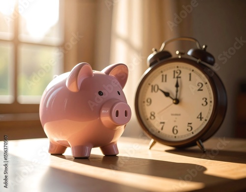 A classic piggy bank beside an old clock shows time and saving as core investment ideas