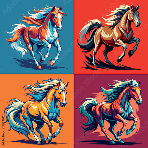 Vibrant running horses vector set, colorful stallion illustrations, dynamic animal artwork, modern equine design