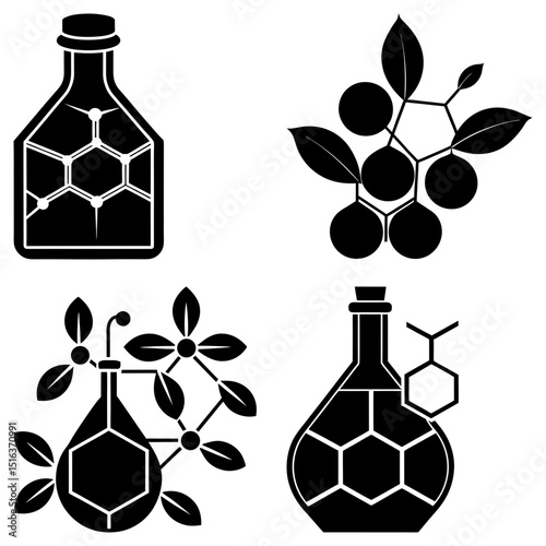 Black and white botanical science illustration with laboratory flasks and molecular structures design