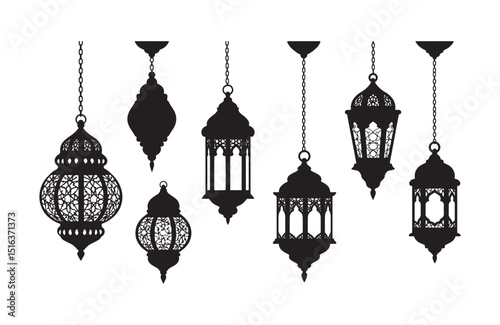 Elegant Collection of Black and White Islamic Hanging Lanterns Ramadan, Eid, and Festive Decor Silhouettes