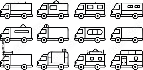 Diverse Collection of Van and Truck Outline Icons Delivery, Cargo, and Utility Vehicles