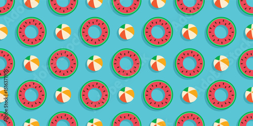 Seamless summer vector pattern. Swimming rings in the form of watermelons, ball for outdoor games.