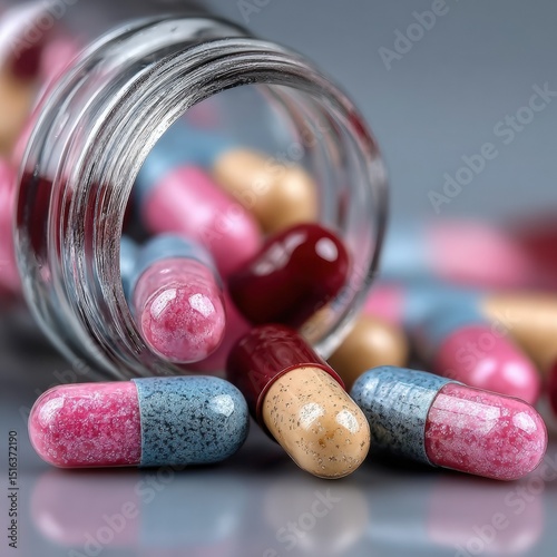 Colorful capsules in a glass jar spill onto a reflective surface, showcasing various shapes and sizes, highlighting the pharmaceutical industry and health-related themes
