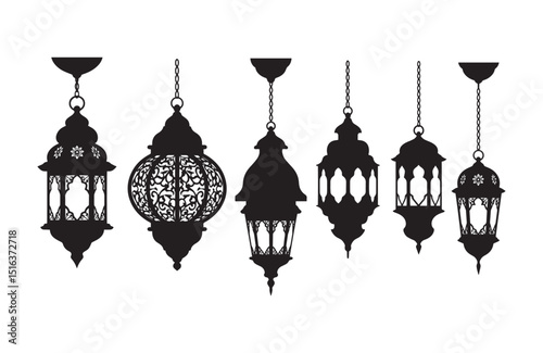 Collection of Elegant Hanging Lanterns Silhouette Designs for Ramadan, Islamic Art, and Festive Decor