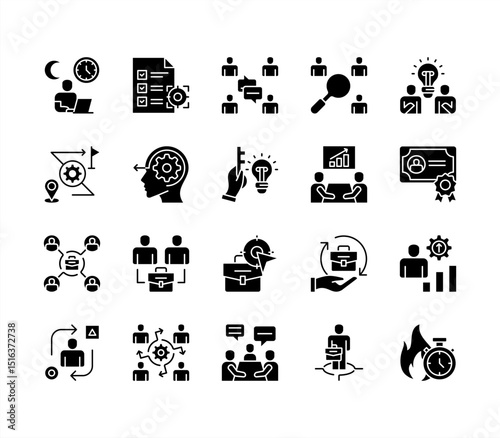 Work experience icon collection set. Overtime, Team communication, Job target, Job position, Problem solving, Simple flat vector.