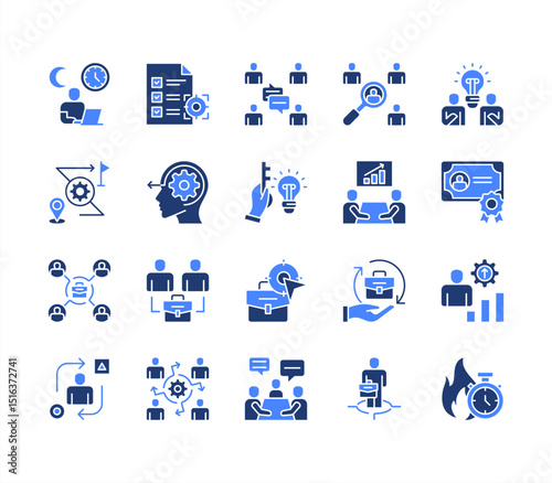 Work experience icon collection set. Overtime, Team communication, Job target, Job position, Problem solving, Simple flat vector.